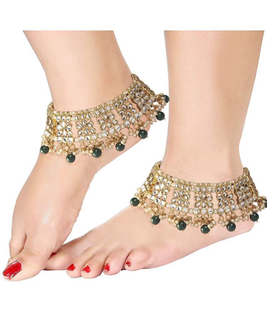     			I Jewels Gold Plated Kundan & pearl Studded Adjustable Bridal Anklets/Payal For Women/Girls (A022G)
