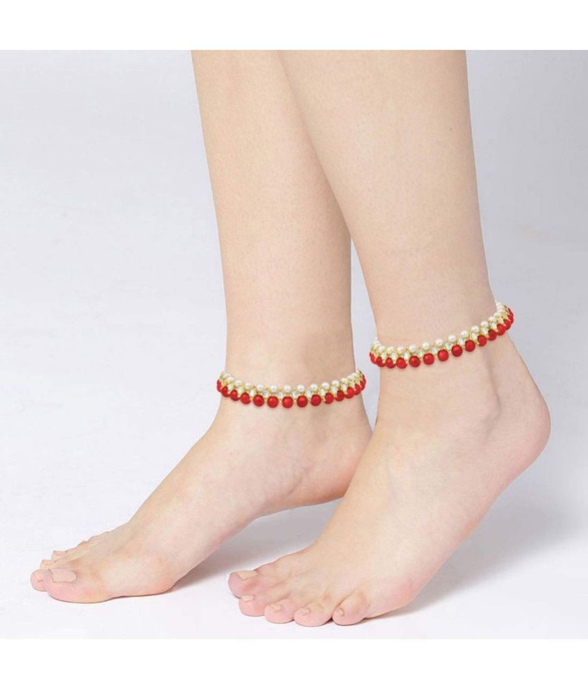     			I Jewels Gold Plated pearl Beaded Adjustable Bridal Anklets/Payal For Women/Girls (A030R)