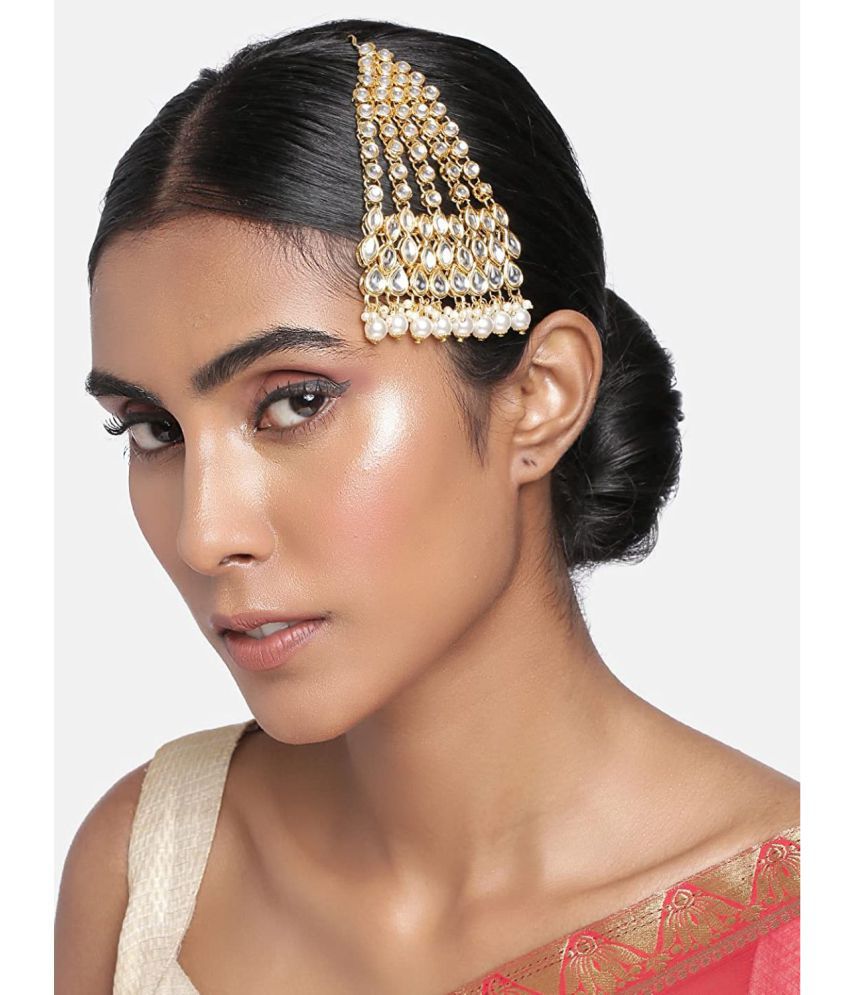     			I Jewels 18k Gold Plated Mughal Beautiful Long Pearl Kundan Jhumar Passa/Jhoomar Maang Tikka for Women (T2050W)