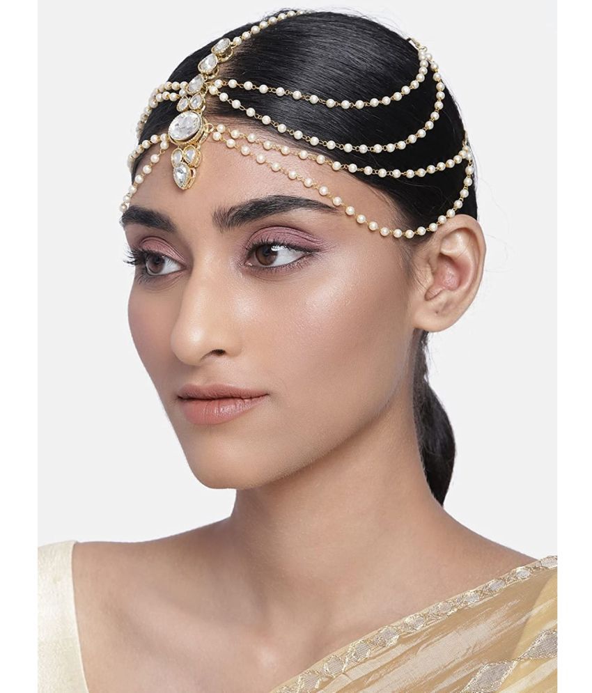     			I Jewels 18k Gold Plated Traditional Stone Studded Bridal Pearl Mathapatti for Women (T1082W)