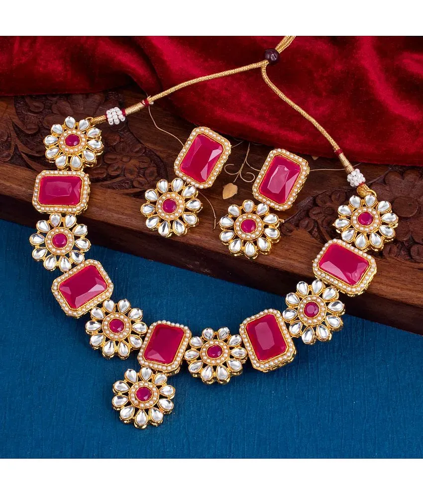 Sukkhi Pink Gold Plated Kundan & Pearl Choker Necklace Set For Women 