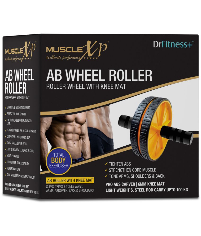     			MuscleXP DrFitness+ AB Wheel Roller With Knee Mat, Stainleess Steel Rod, 6mm Knee Mat, To Tighten Abs, Strengthen Core Muscles, Tone Arms, Shoulder, Back (Black / Yellow)