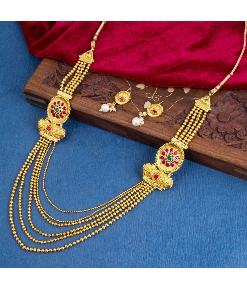     			Sukkhi Brass Golden Traditional Necklaces Set Long Haram