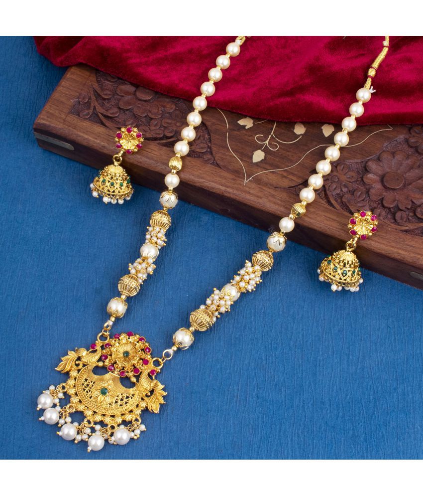     			Sukkhi Brass Golden Traditional Necklaces Set Long Haram