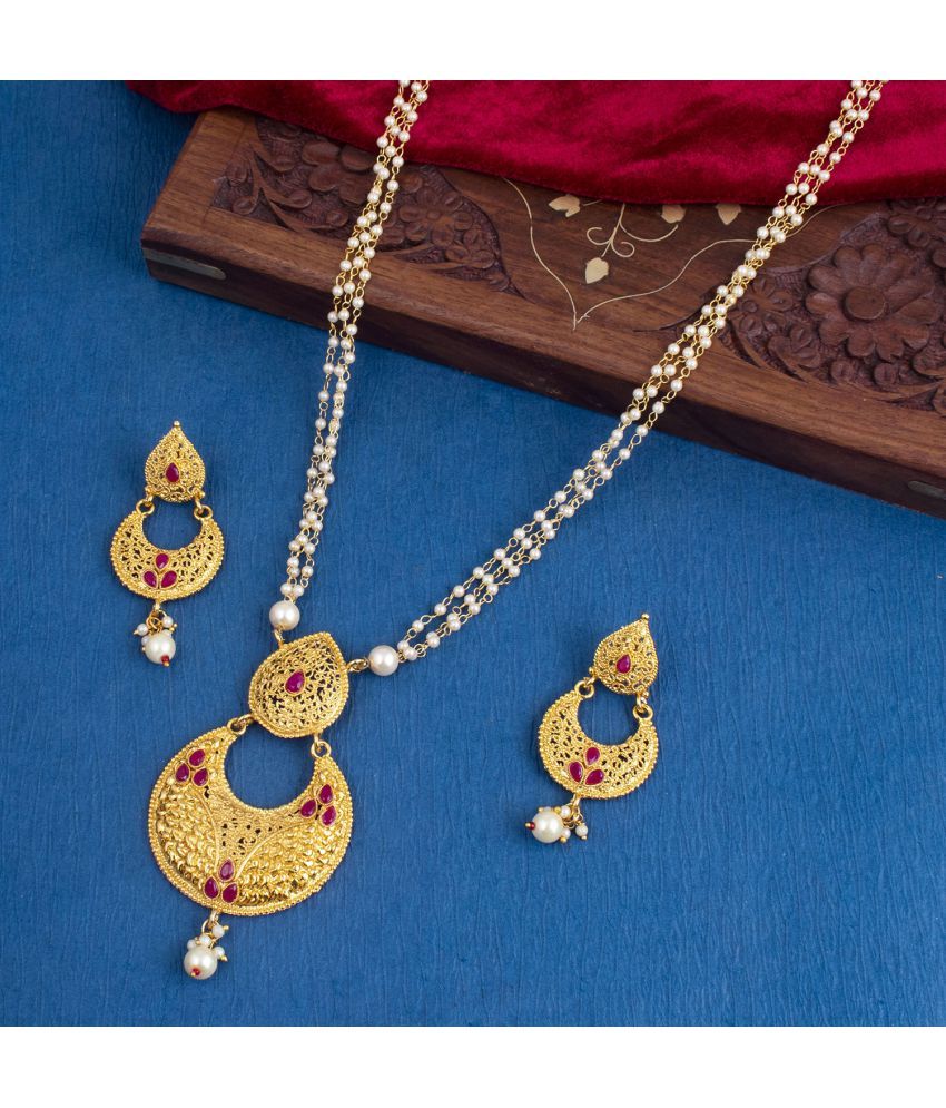     			Sukkhi Brass Golden Traditional Necklaces Set Long Haram