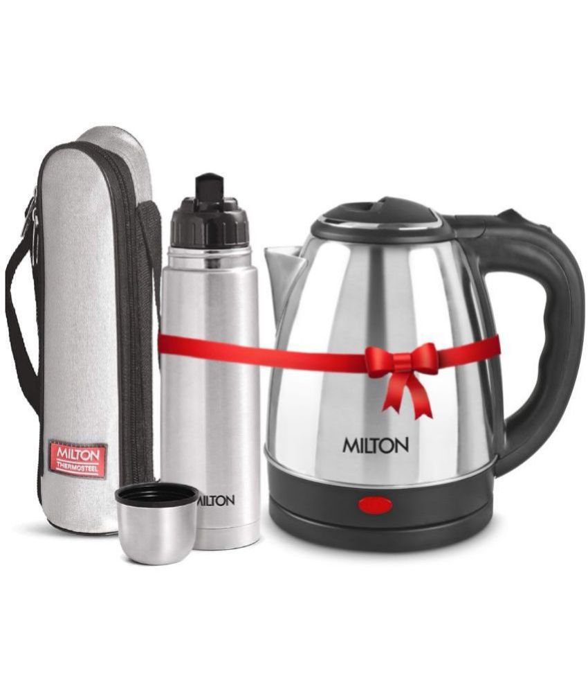     			Milton Combo Set Go Electro 1.5 Ltrs Electric Kettle and Flip Lid 750 ml- Silver Thermosteel Hot or Cold Stainless Steel Water Bottle with Jacket