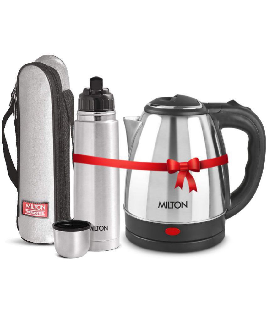    			Milton Combo Set Go Electro 1.5 Ltrs Electric Kettle and Flip Lid 1 Ltr- Silver Thermosteel Hot or Cold Stainless Steel Water Bottle with Jacket