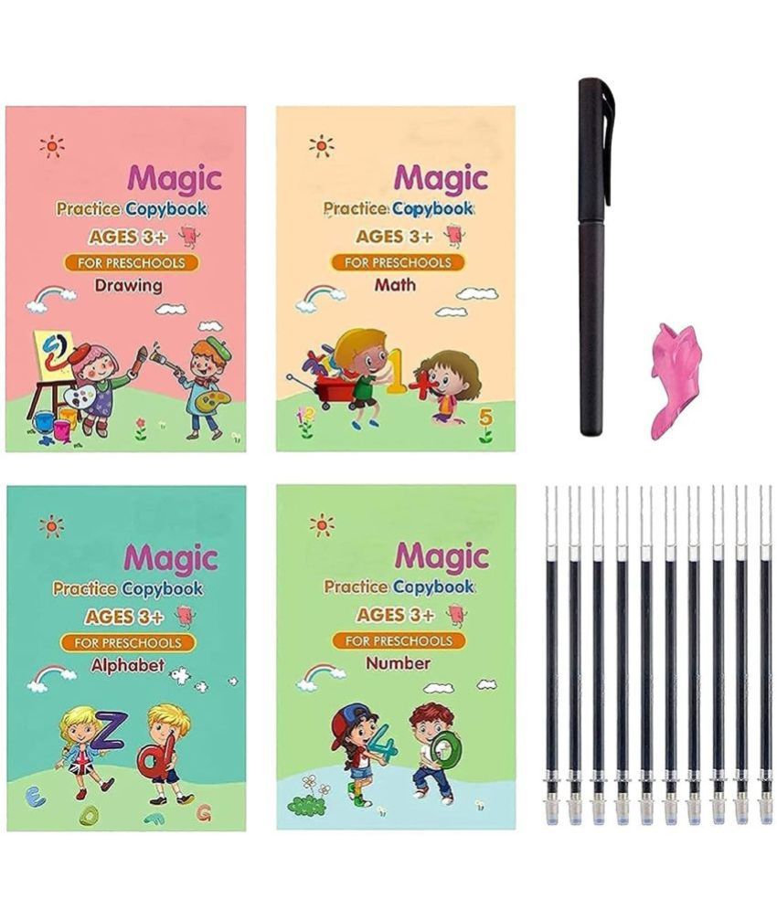     			Magic Practice Copybook, Number Tracing Book for Preschoolers with Pen, (4 BOOK + 10 REFILL) Magic Calligraphy Copybook Set Practical Reusable Writing Tool Simple Hand Lettering