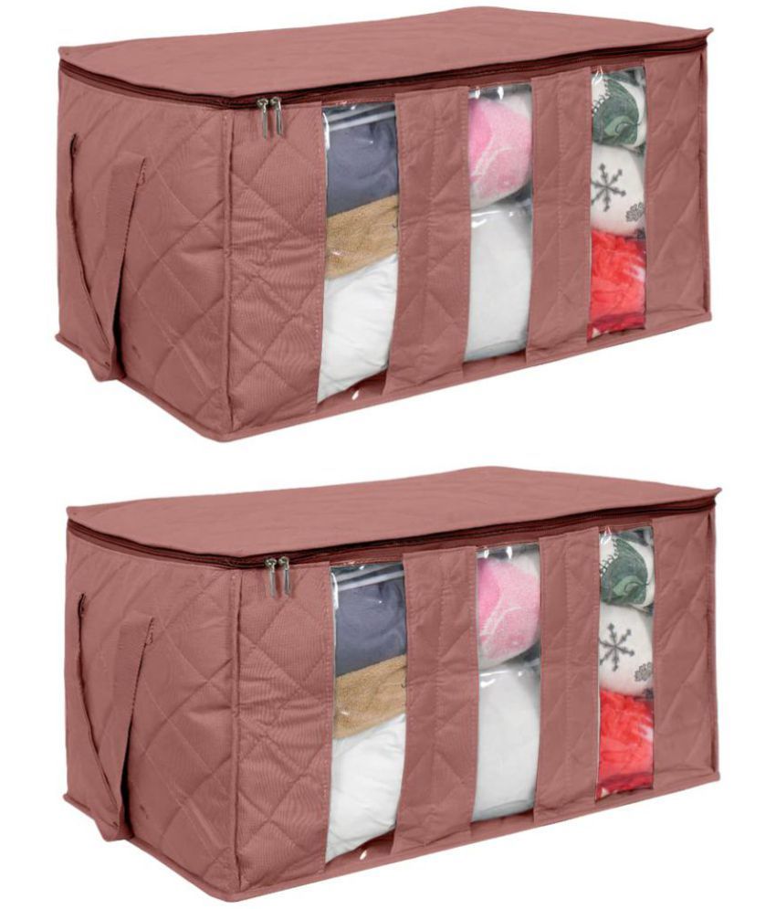     			PrettyKrafts Underbed Fabric Storage Box Clothing Organizer with 3 Partitions, Brown, Rectangular (Pack of 2)