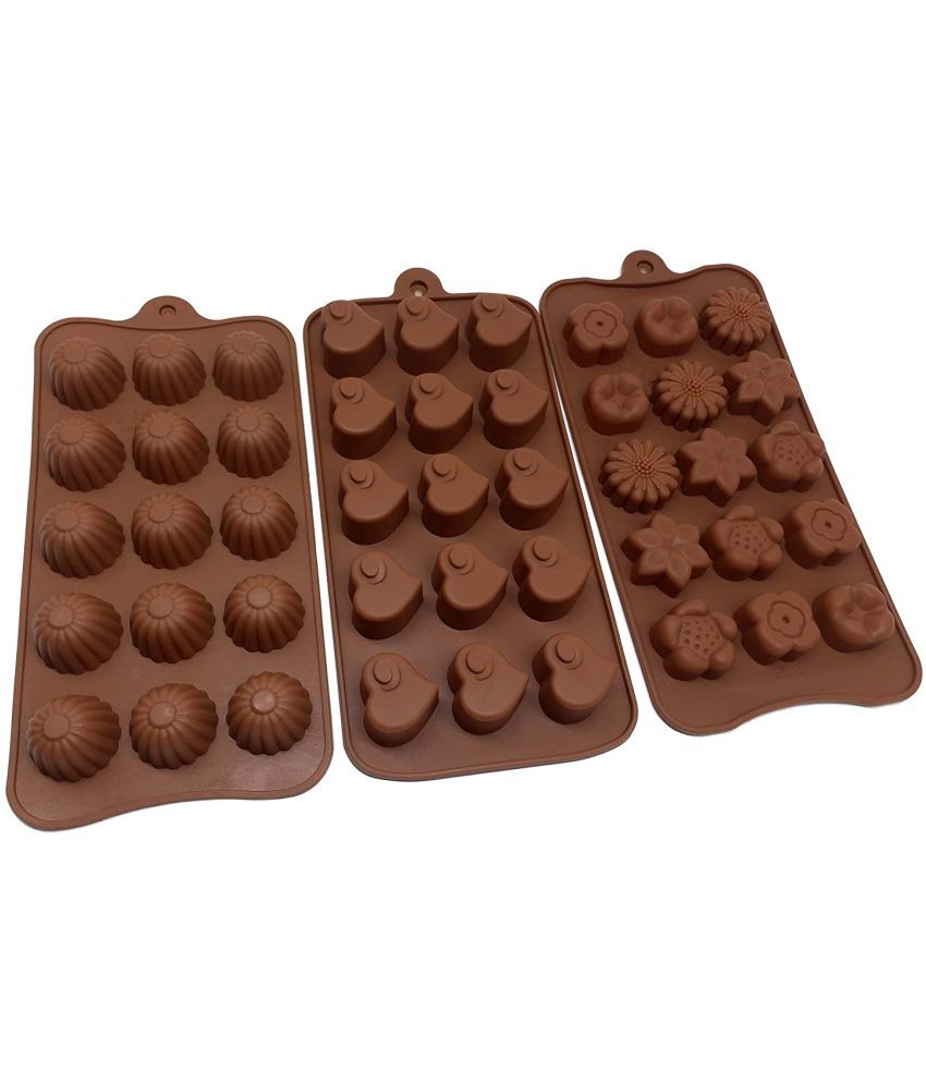 PRANSUNITA Silicone Chocolate Molds for Cake, Brownie Topper, Hard & Soft Candies, Gummy, Jelly, Keto Fat Bombs –Hearts, Stars, Flowers, Fun Shapes in Brown Trays – 3 Pack ( 15 Cavite Each )
