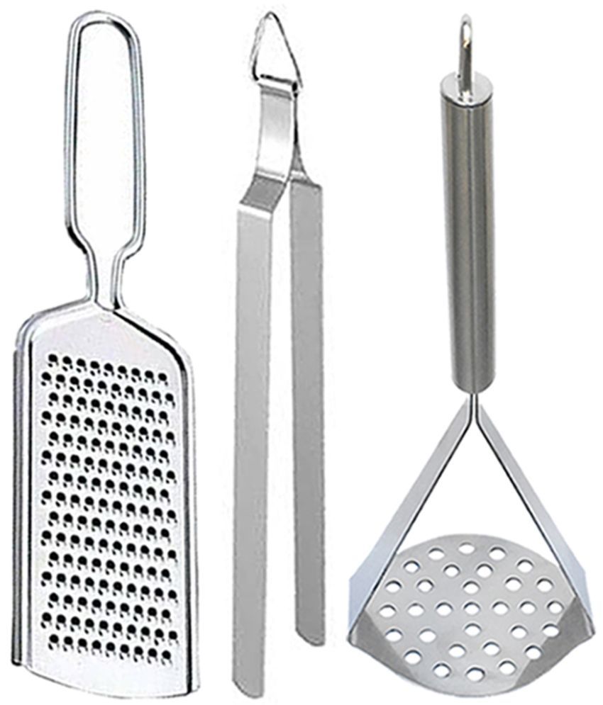     			JISUN - Silver Stainless Steel Wire Grater+ Roti Chimta+Masher ( Pack 3 )