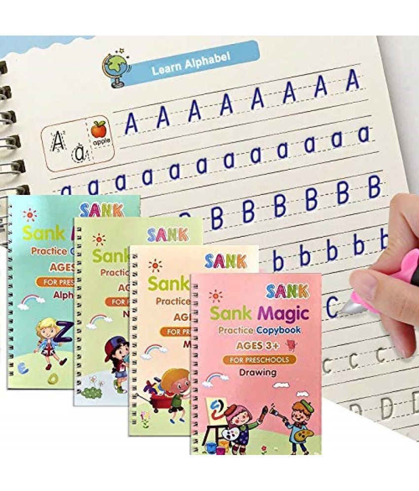 Sank Magic Practice Copybook - (1 Pen + 1 Grip + 4 BOOKS + 10 REFILL) Number Tracing Book - Writing Book - Magic Calligraphy - Copybook Set - Calligraphy Pen - Calligraphy Book - Practical Reusable Writing Tool - Simple Hand Lettering for Preschoolers