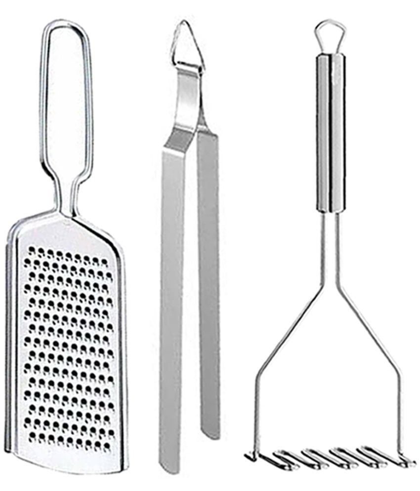     			JISUN - Silver Stainless Steel Wire Grater+ Roti Chimta+Masher ( Pack 3 )