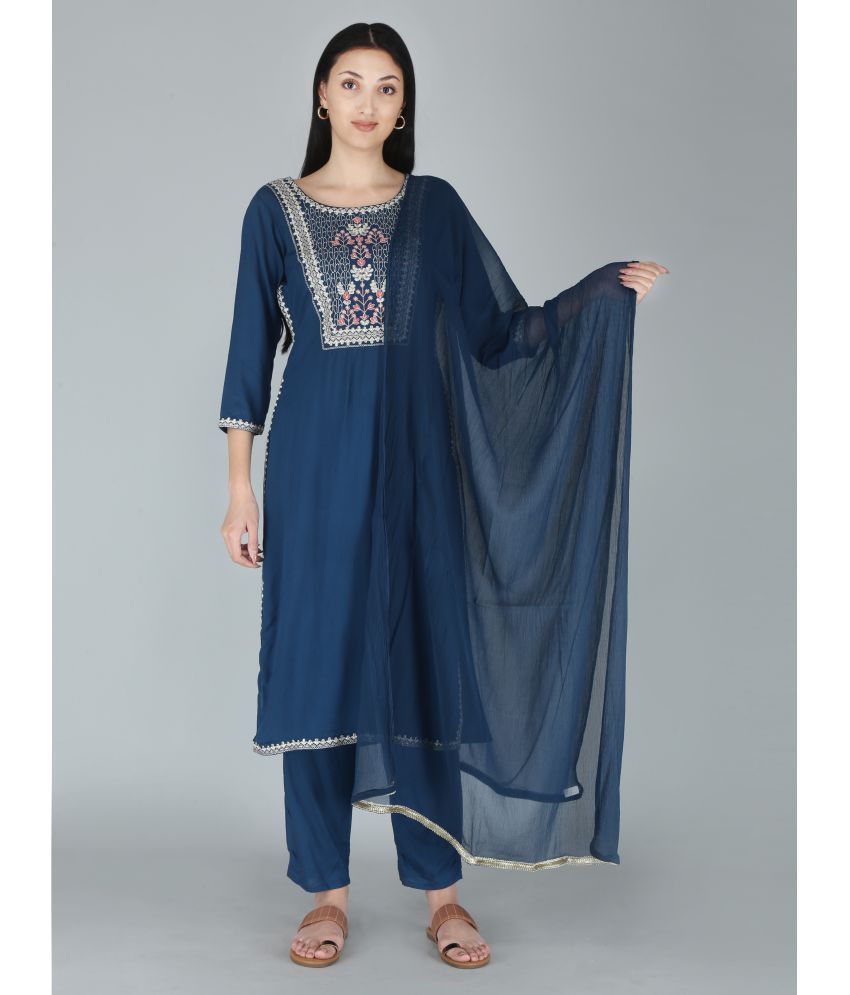     			HIGHLIGHT FASHION EXPORT - Blue Straight Rayon Women's Stitched Salwar Suit ( Pack of 3 )