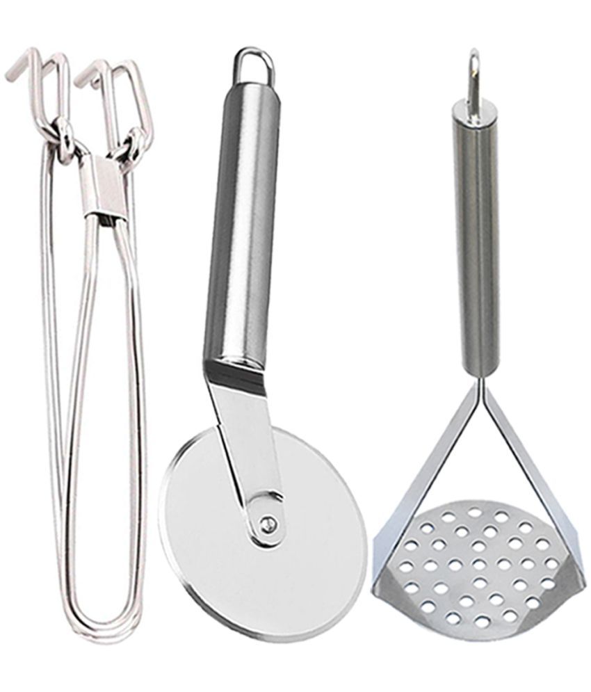     			JISUN - Silver Stainless Steel Pakkad+Pizza Cutter+Masher ( Pack 3 )