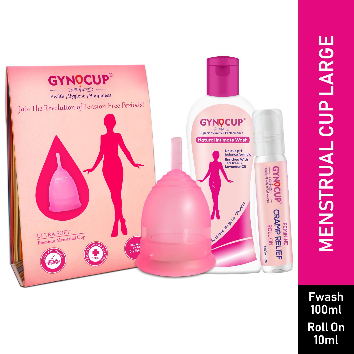Gynocup Reusable Large  Menstrual Cup With| Female Intimate Wash 100 ml|Cramp Relief 10 ml(Combo)