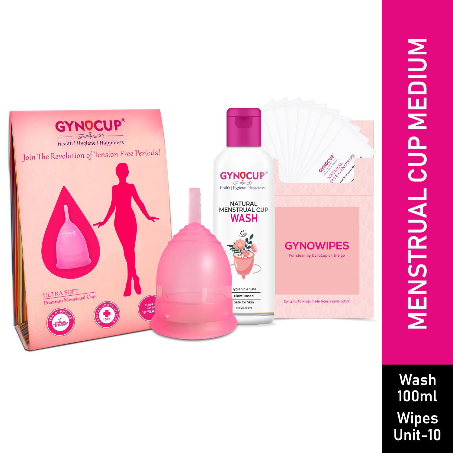 Gynocup Reusable Medium Menstrual Cup With| Wash 100 ml|Intimate Wipes(Combo)