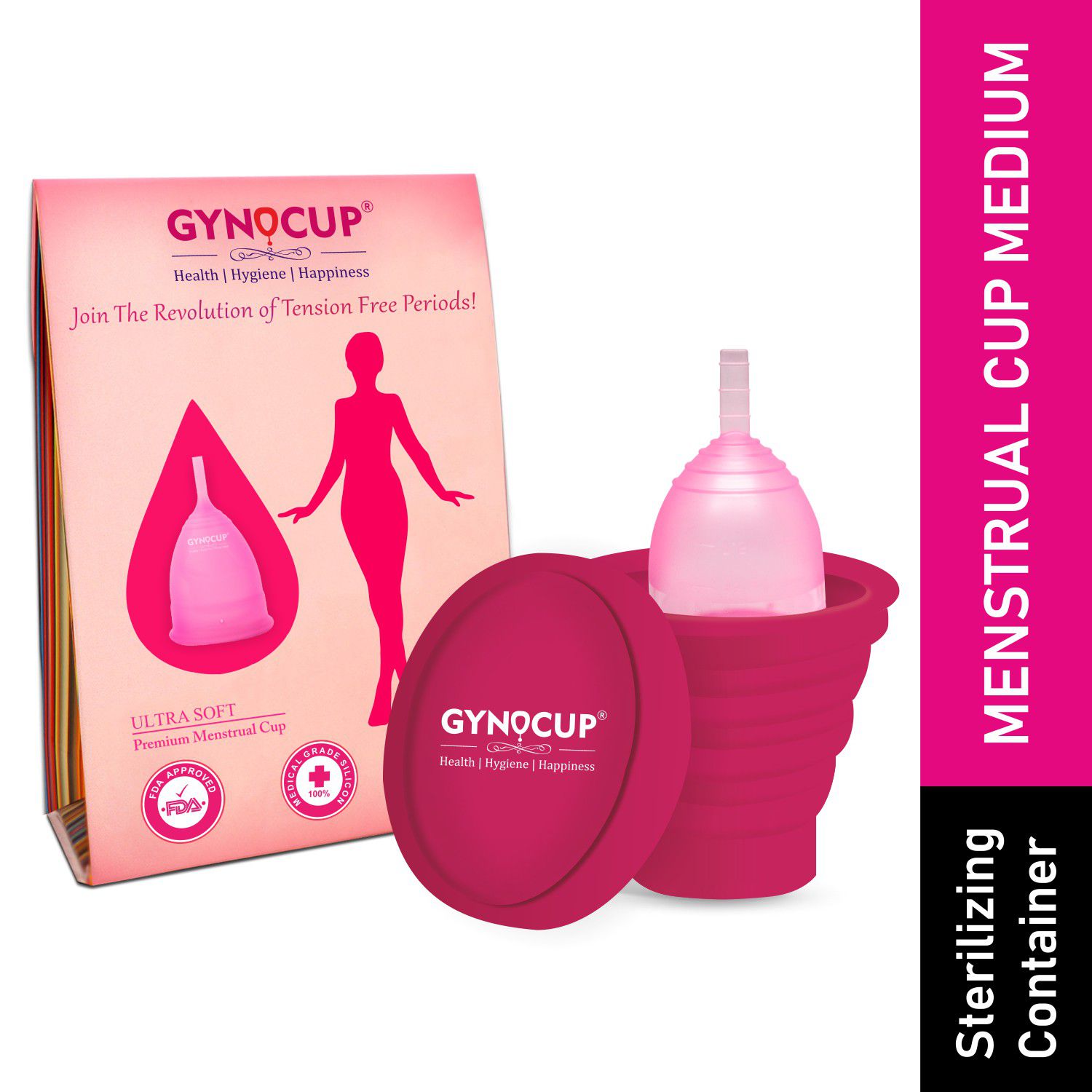 GynoCup Premium Menstrual Cup for Women Medium Size |With Menstrual Cup Sterilizer Container (Combo) (Large, Pink)