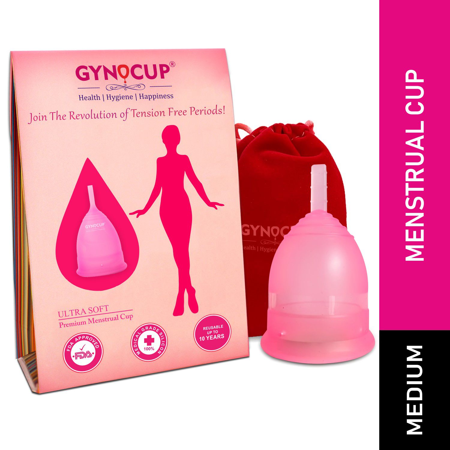 GynoCup Reusable Menstrual Cup for Women| Upto 10-12 hours of leakage protection | Odour & Rash free | FDA Approved (Medium, Pink)