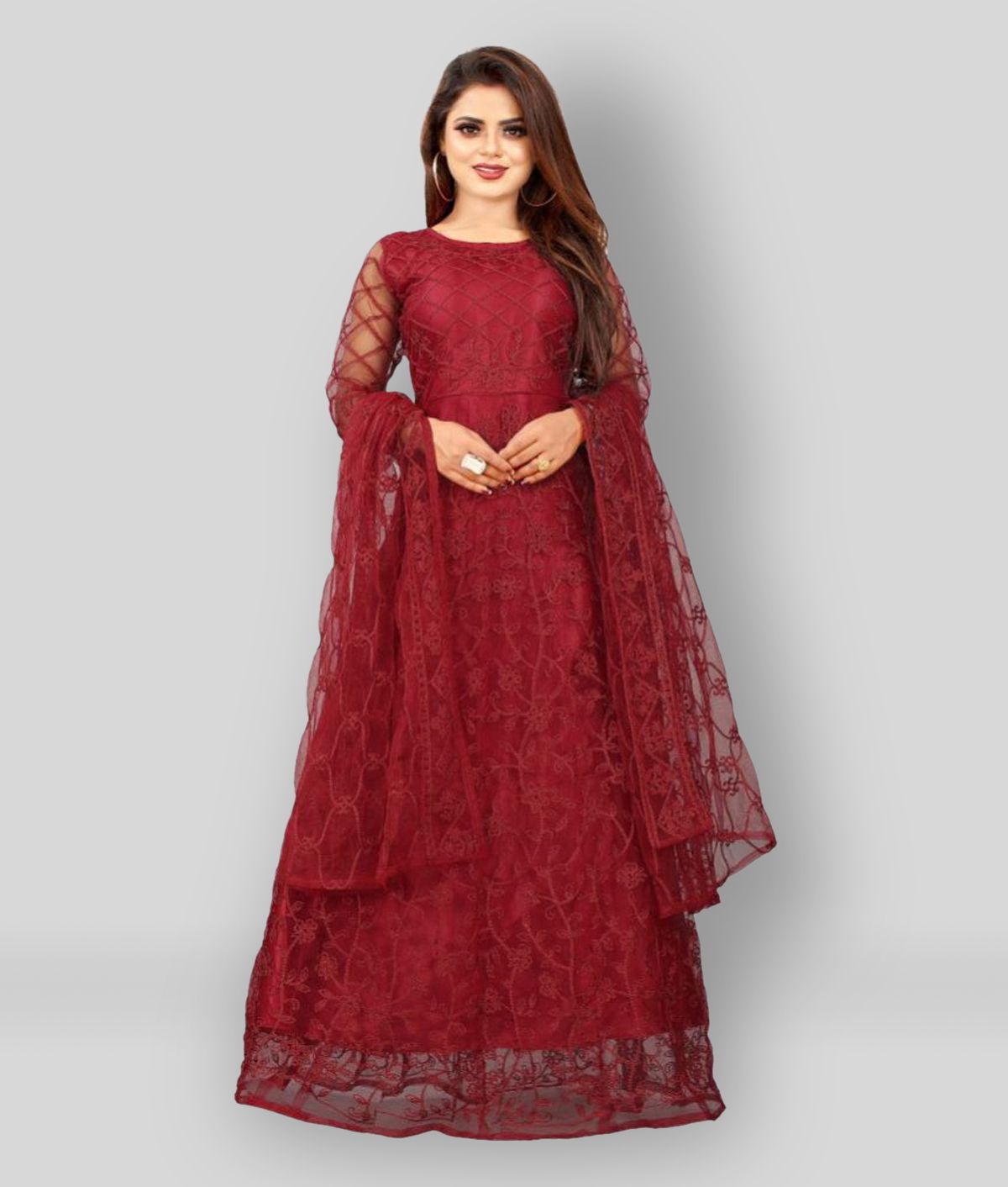    			Apnisha - Maroon A-line Net Women's Stitched Ethnic Gown ( Pack of 1 )