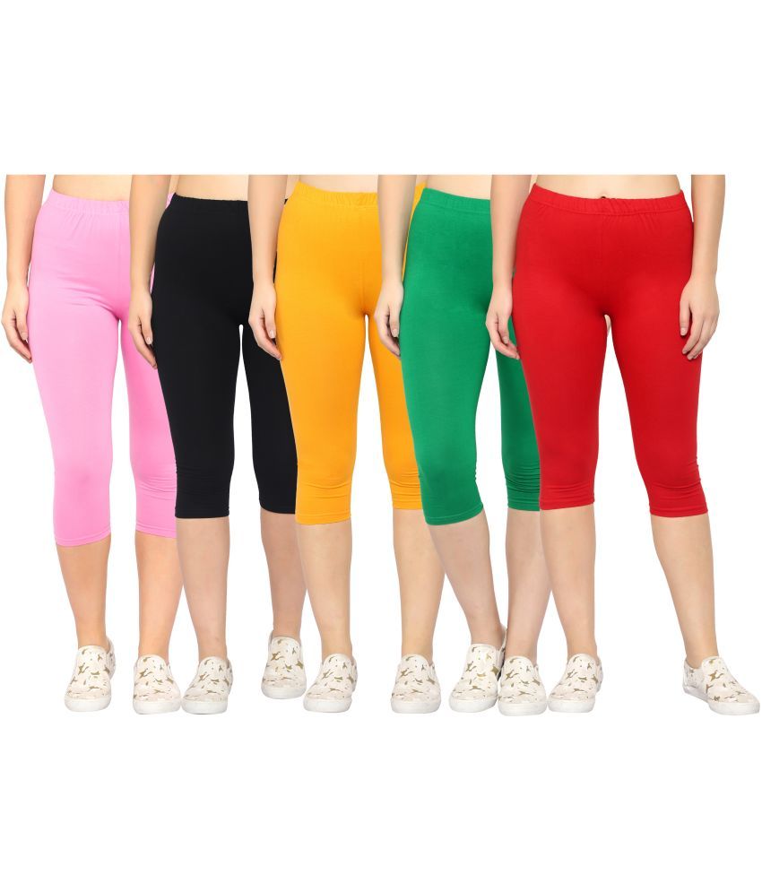     			Diaz Multi Cotton Lycra Solid Capri - Pack of 5