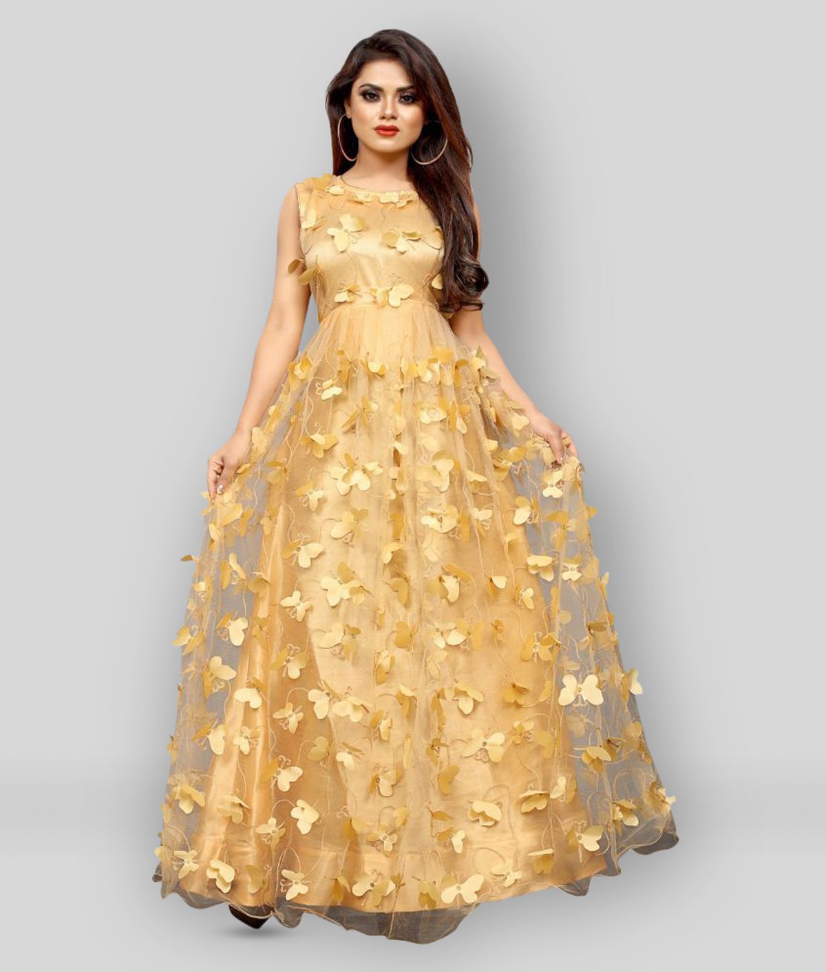     			Apnisha - Gold Flared Net Women's Stitched Ethnic Gown ( Pack of 1 )