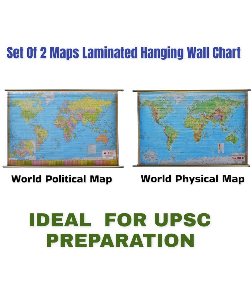     			Combo World Political Map And World Physical Map Chart  LAMINATED  SET OF 2  English Medium Useful for UPSC, SSC, IES