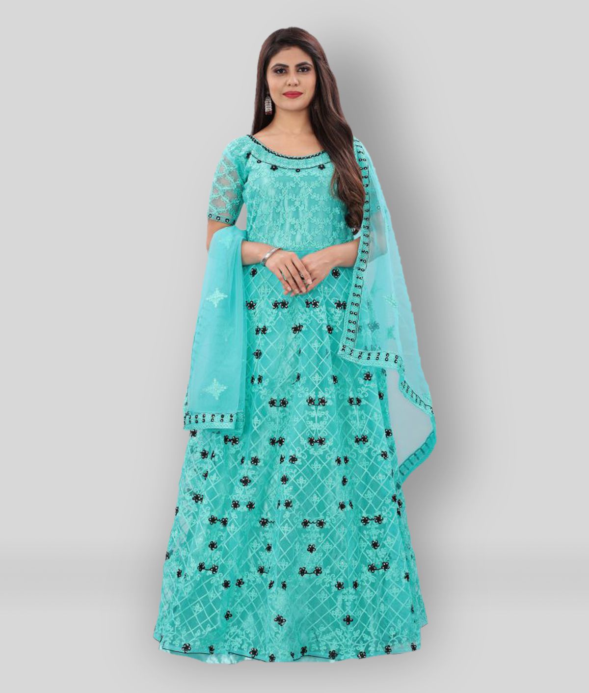     			JULEE - Turquoise Anarkali Net Women's Stitched Ethnic Gown ( Pack of 1 )
