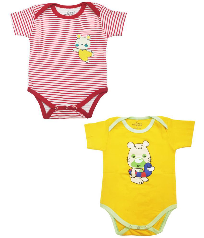 Babeezworld - 100% Cotton Red & Yellow Rompers For Baby Boy,Baby Girl - Pack of 2