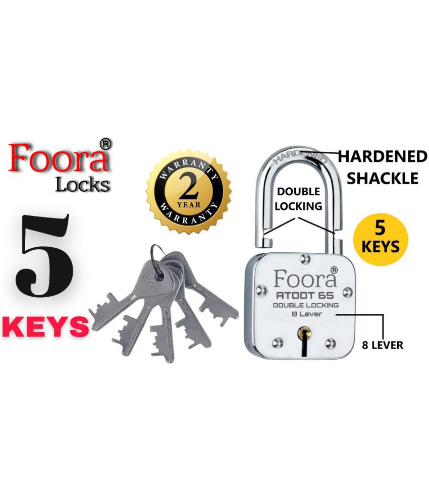     			Foora ATOOT_65 Double Locking 65mm Steel Lock with 5 Keys Hardened Shackle & 8 Lever