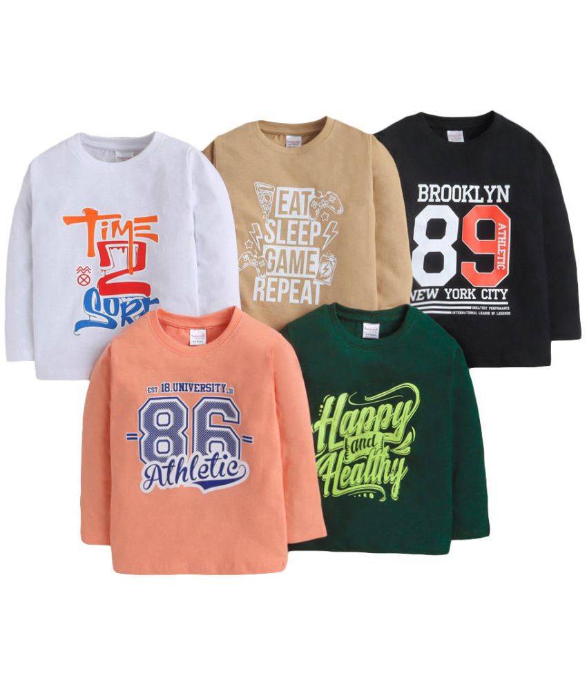 Hopscotch Boys Cotton Full Sleeves Text Printed Pack Of 5 T-Shirt in Multi Color For Ages 8-9 Years (URD-3892218)