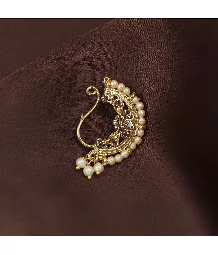 Buy Traditional Golden & Orange Ethnic Bridal Maharashtrian Nose Ring/Nath  without piercing Encased with Pearl Stone for Women/Girls Online at Best  Prices in India - JioMart.