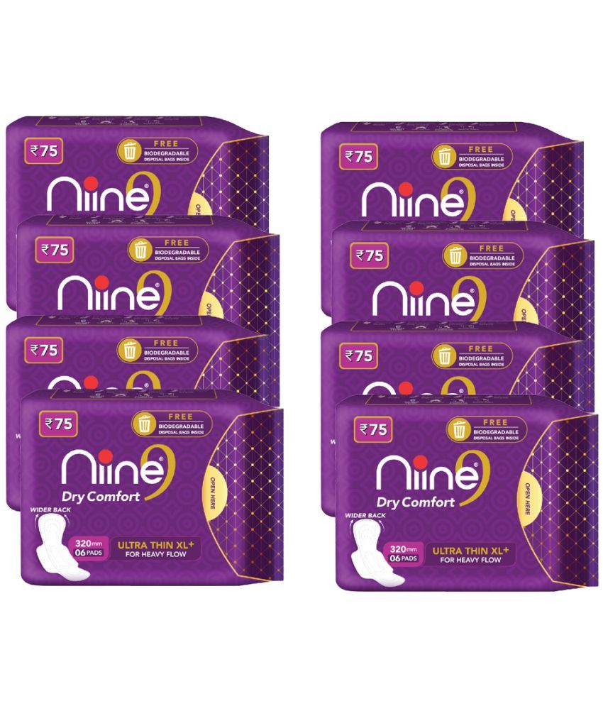     			NIINE Dry Comfort Ultra Thin XL+ Sanitary Napkins for HEAVY FLOW, With Biodegradable disposable bags (Pack of 8), 48 Pads Count