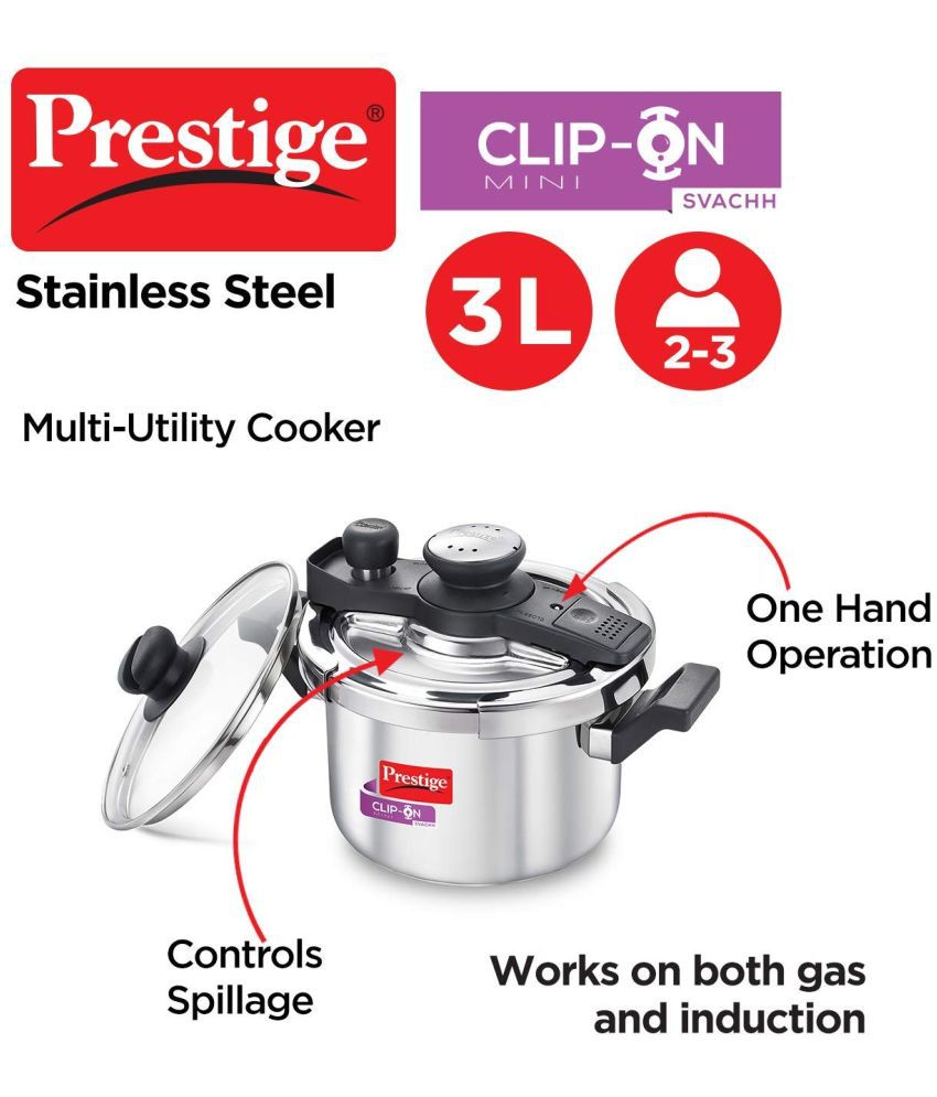 silver PRESTIGE Clip-on Svachh 3 Litre Stainless Steel Pressure Cooker standard 