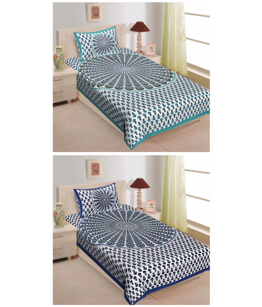     			Uniqchoice - 100% Cotton Blue 2 Single Bedsheets with 2 Pillow Covers