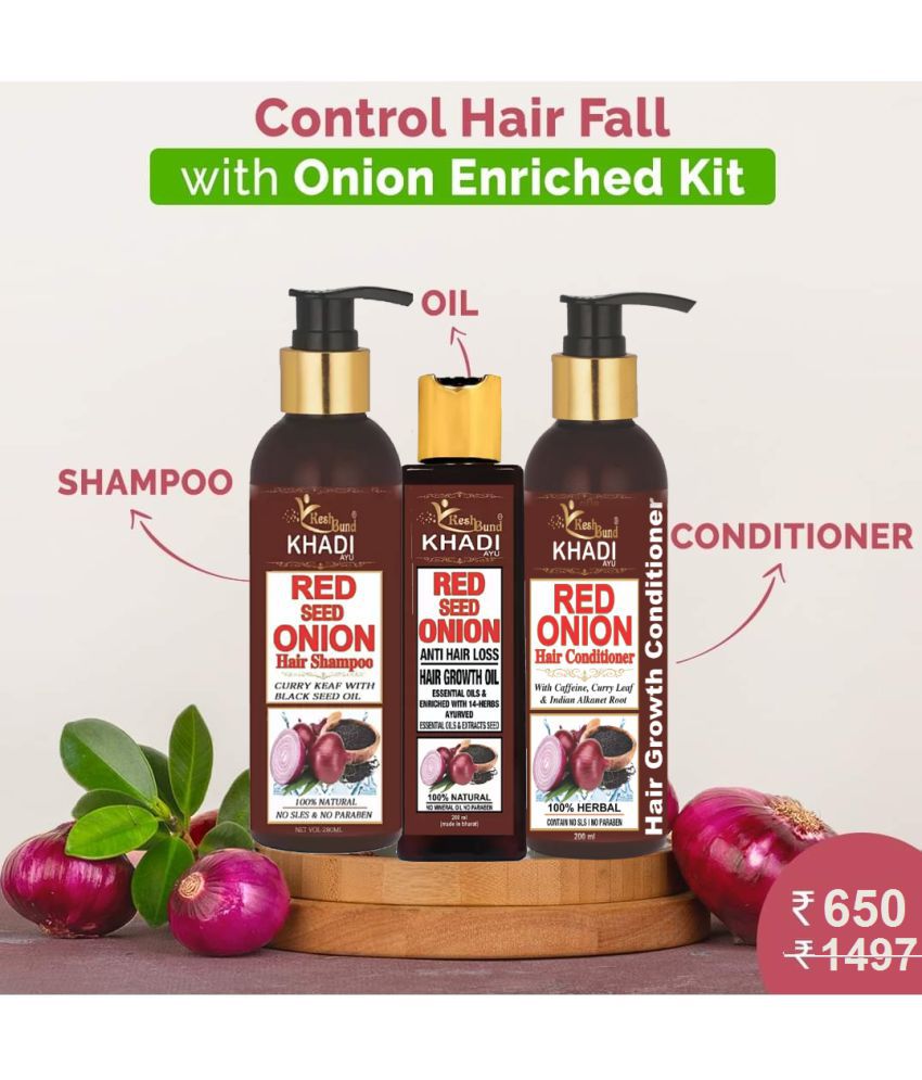 Vkeshbund khadi ayu Anti Hair Fall Spa Range with Onion Hair Oil + Onion  Shampoo + Onion Conditioner for Hair Fall Control kit: Buy Vkeshbund khadi  ayu Anti Hair Fall Spa Range
