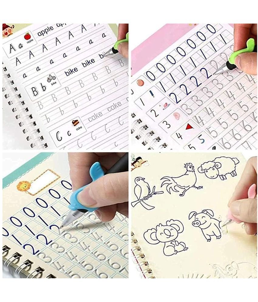     			Sank Magic Practice Copybook, (4 Books + 1 Pen + 10 Refill) Number, Alphabet, Math and Drawing for Preschools Ages 3+ - Reusable Writing Tool Simple Hand Lettering