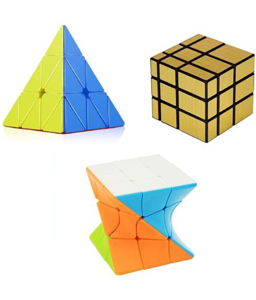 Tzoo High Speed Smooth Stickerless Cube Combo of Pyramid Triangle, 3x3 Gold Mirror and Twisty Puzzle Cube (3 Pieces)