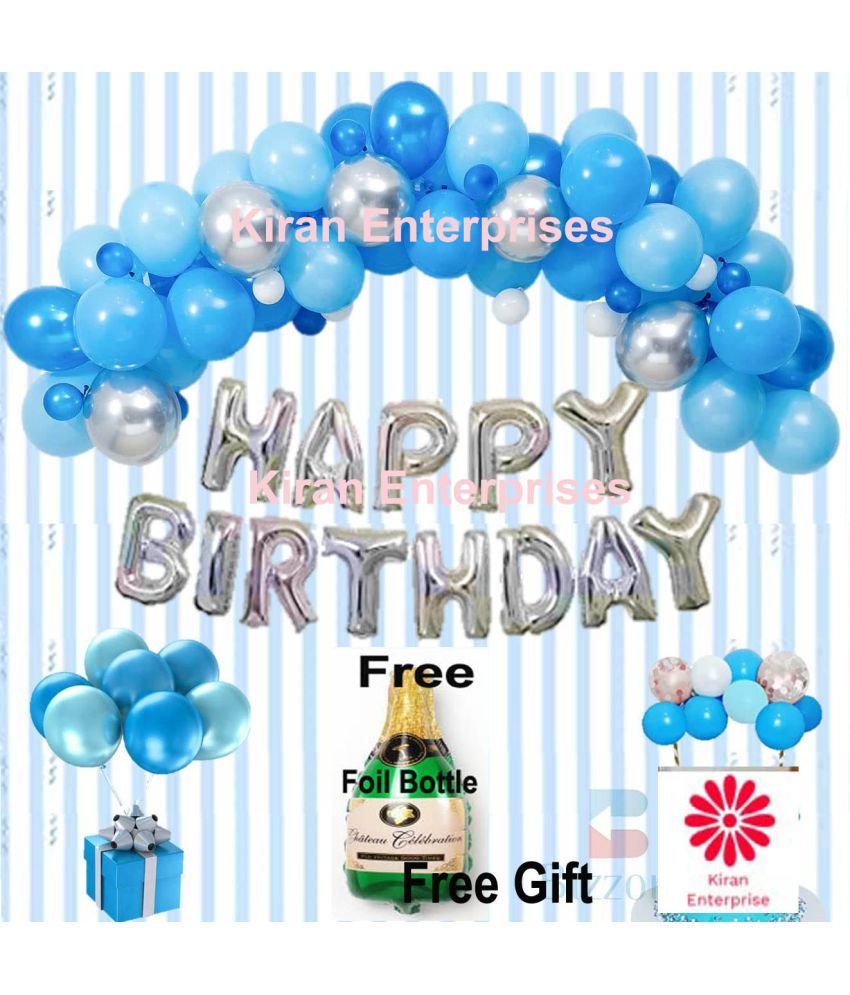     			Kiran Enterprises Happy Birthday Foil Letter Balloon ( Silver ) + 30 Metallic Balloon ( Blue, Silver, Sky Blue ) + Free Foil Bottle Balloon