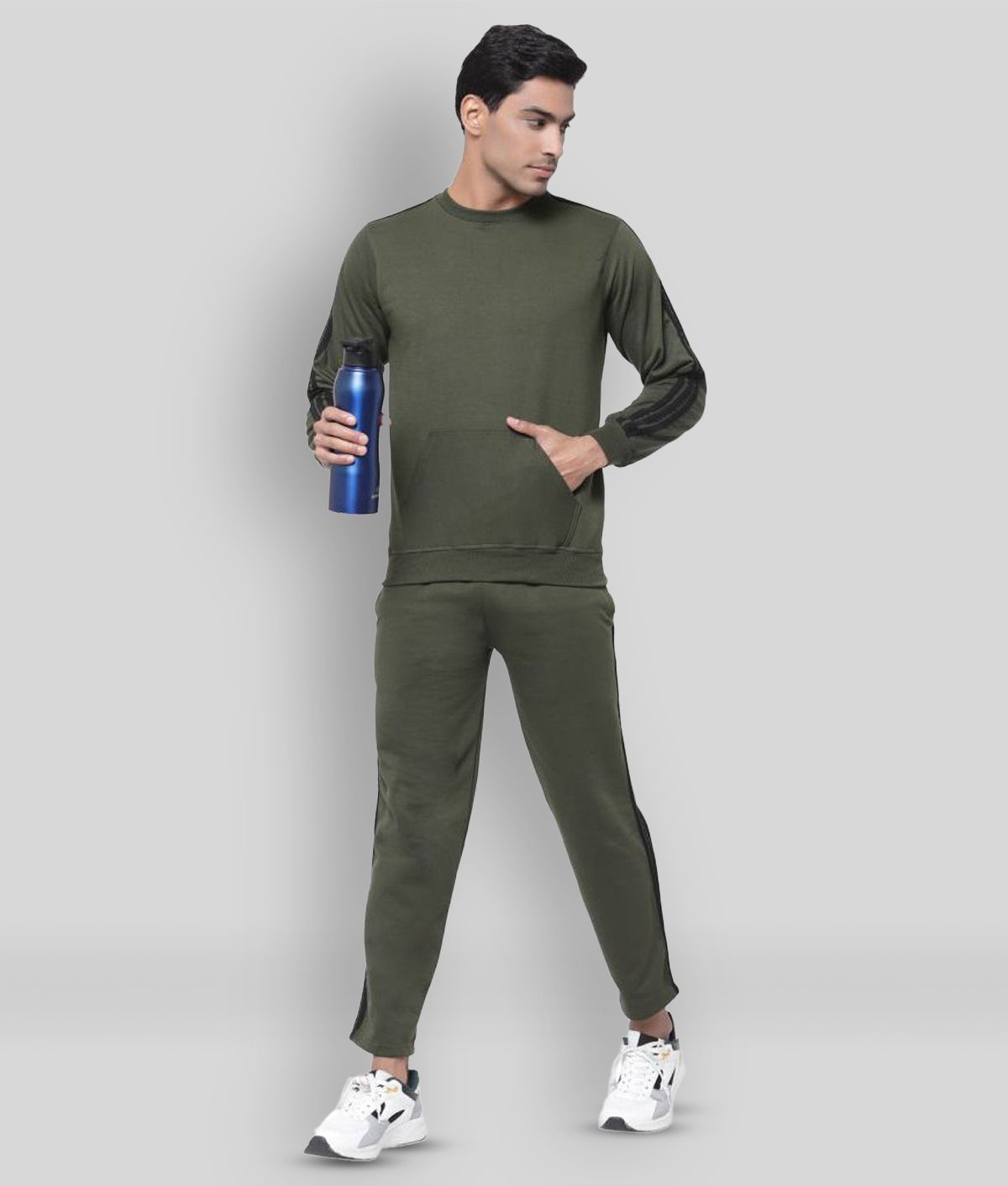 KZALCON - Olive Cotton Blend Regular Fit Solid Men's Sports Tracksuit ( Pack of 1 )