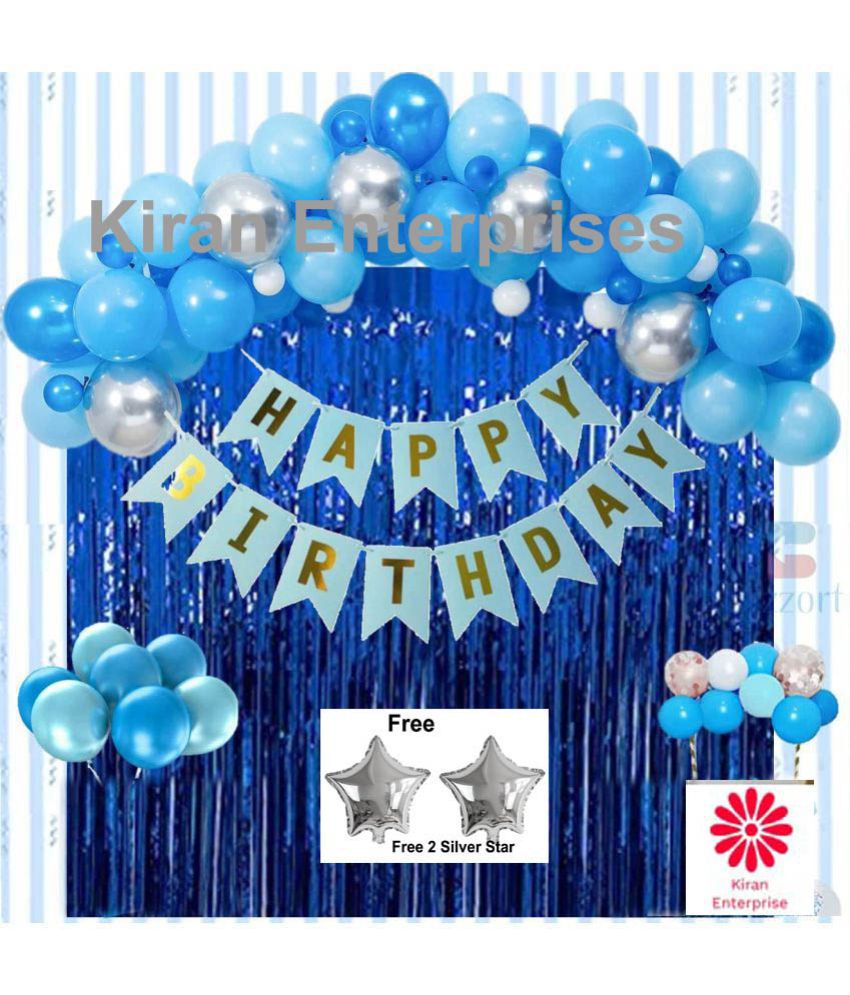     			Kiran Enterprise Happy Birthday Banner ( Blue ) + 2 Fringe Curtain ( Blue ) + 30 Metallic Balloon ( Blue, Silver, Sky Blue ) + 2 Star Free ( Silver )