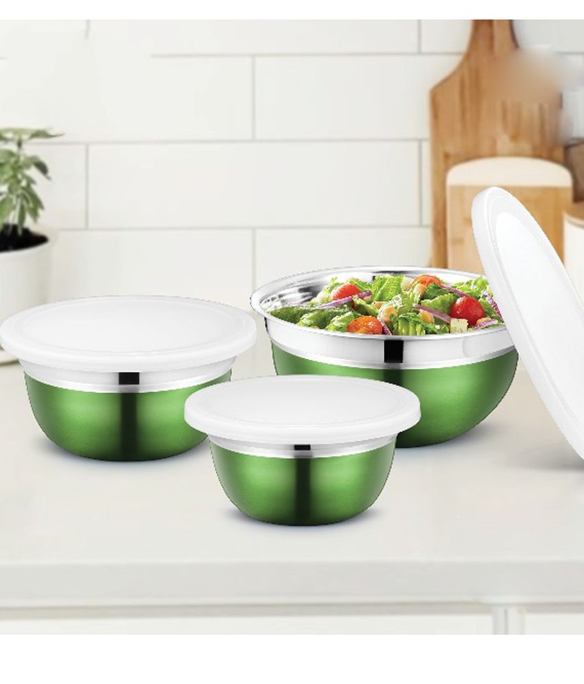 HOMETALES Stainless Steel Food Storage / Mixing Bowls Set of 3 U with Lid, Light Green Color