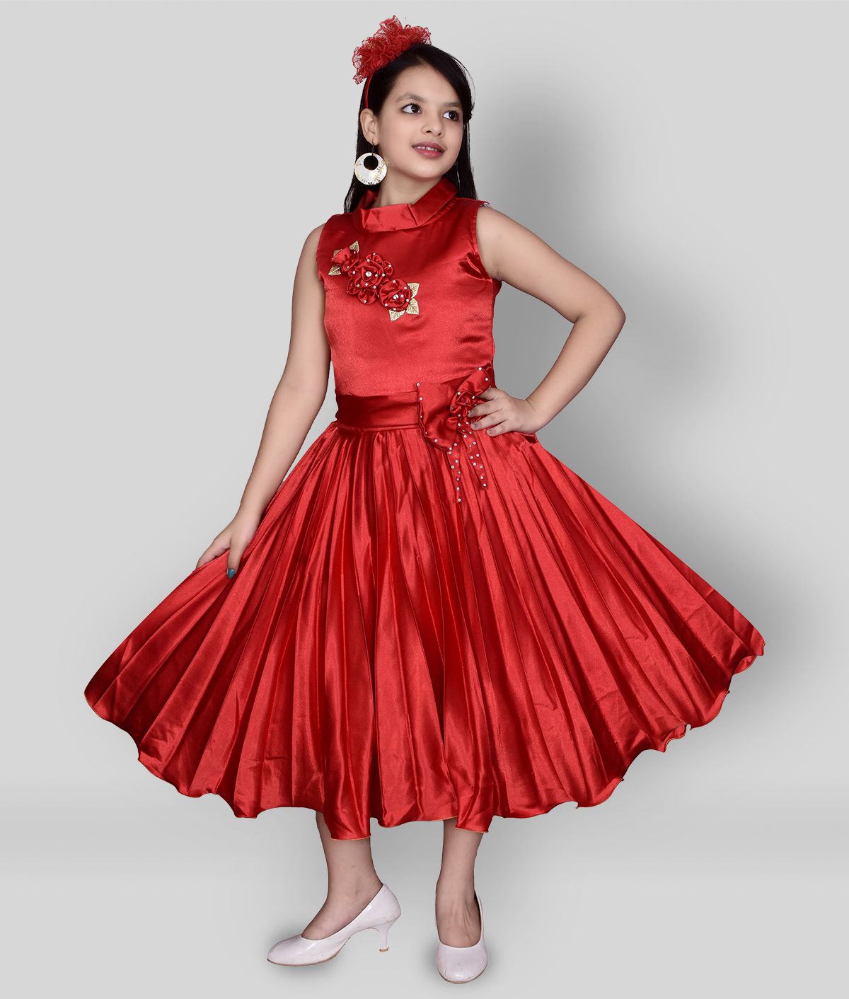     			High Fame - Red Satin Girl's Fit And Flare Dress ( Pack of 1 )