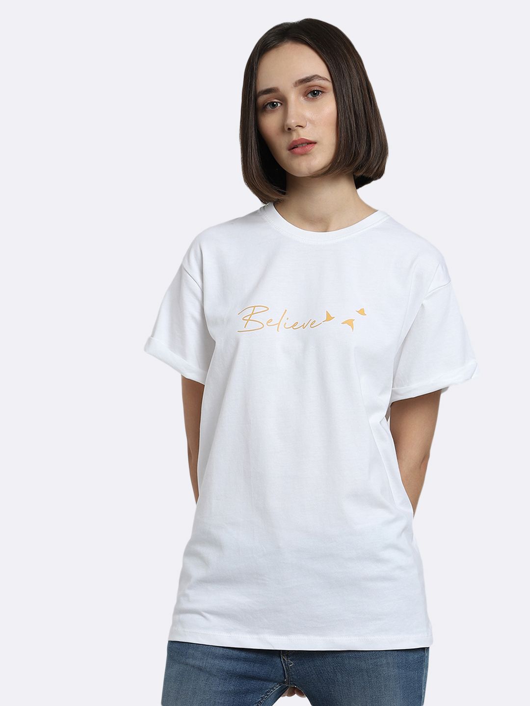     			Bewakoof - White Cotton Loose Women's T-Shirt ( Pack of 1 )