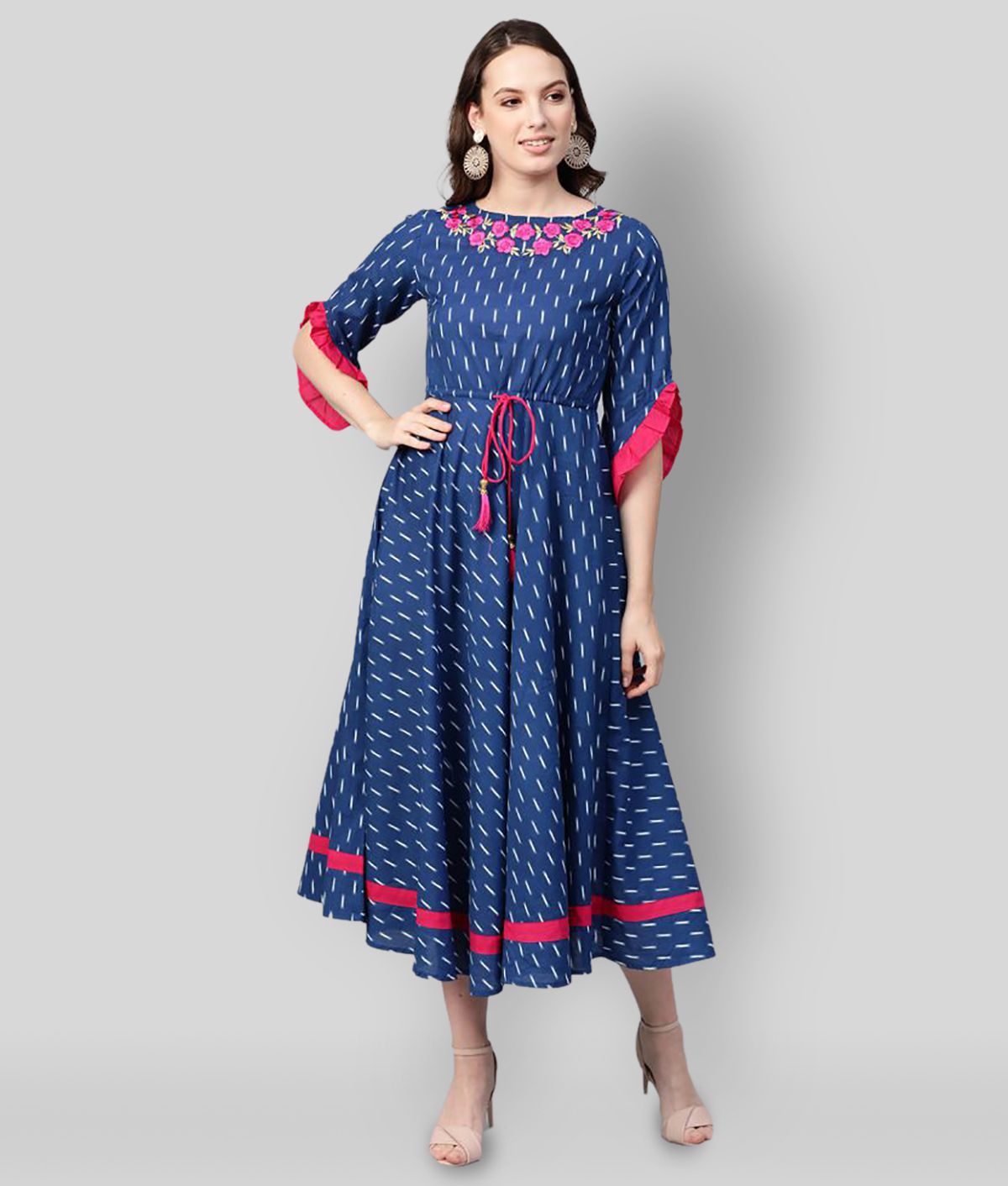 Yash Gallery - Blue Cotton Women's A- line Dress ( Pack of 1 )