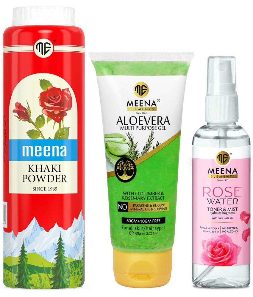     			MEENA ELEMENTS Khaki Powder 300 gm x 1, Aloe Vera Gel 60 gm x 1, Rose Water 100 ml x 1, for Glowing and Brightening Skin for Men and Women (Pack of 3)