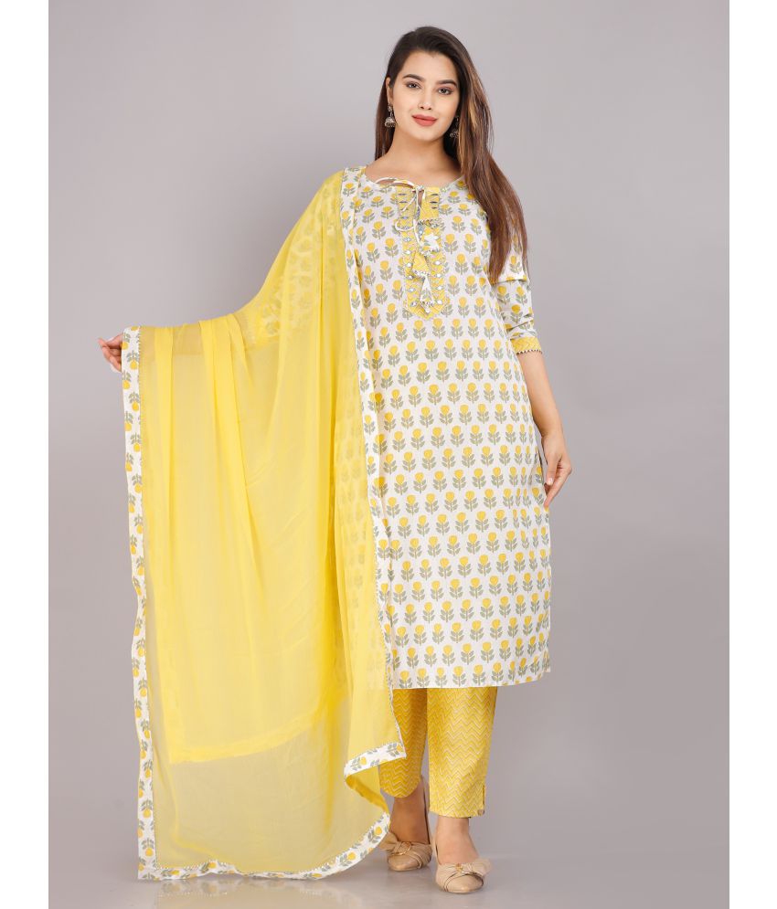 JC4U - Yellow Straight Cotton Women's Stitched Salwar Suit ( Pack of 3 )