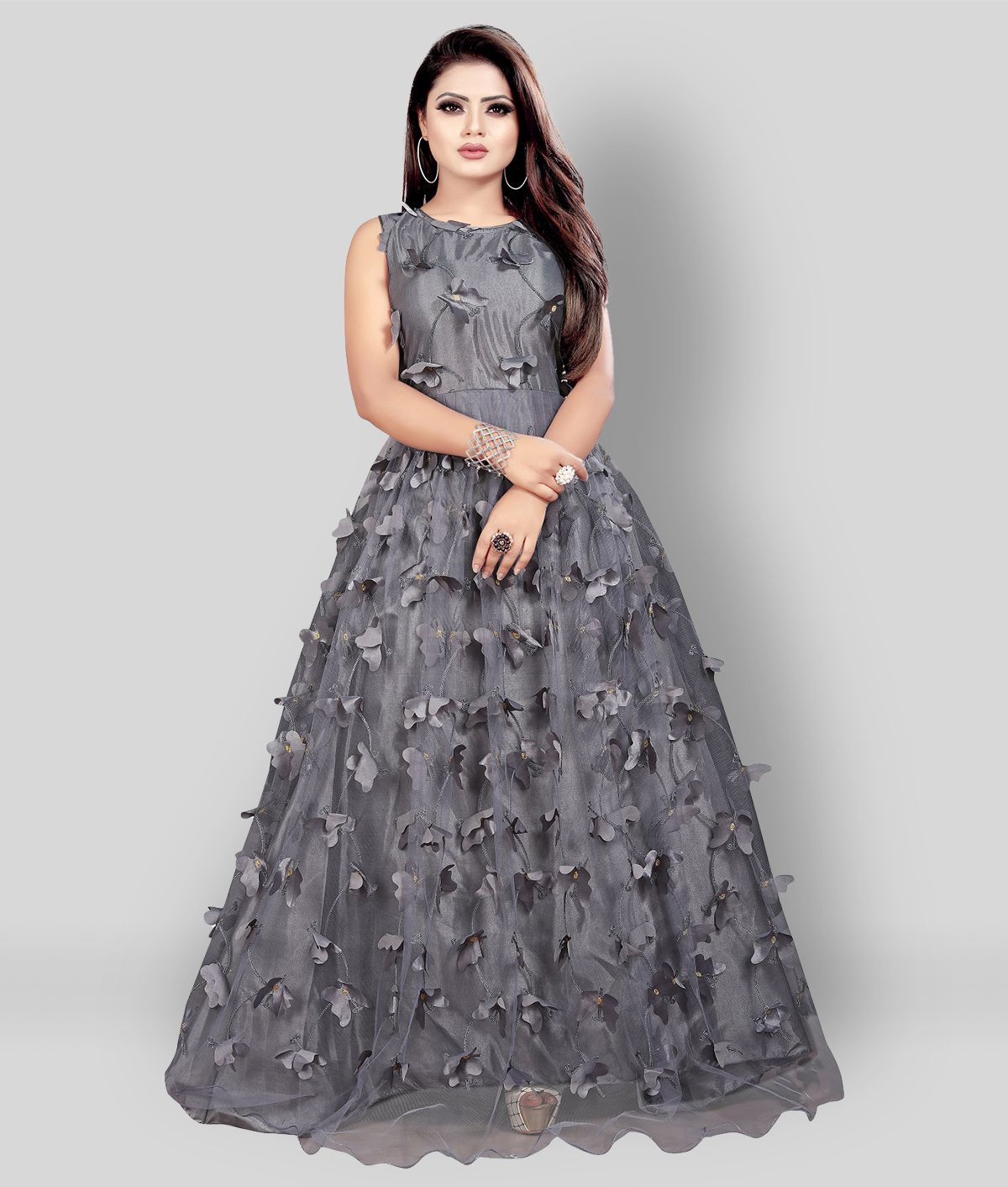     			Aika - Grey Melange Anarkali Net Women's Semi Stitched Ethnic Gown ( Pack of 1 )