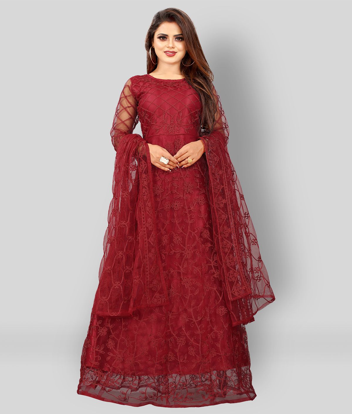     			Aika - Maroon Anarkali Net Women's Semi Stitched Ethnic Gown ( Pack of 1 )