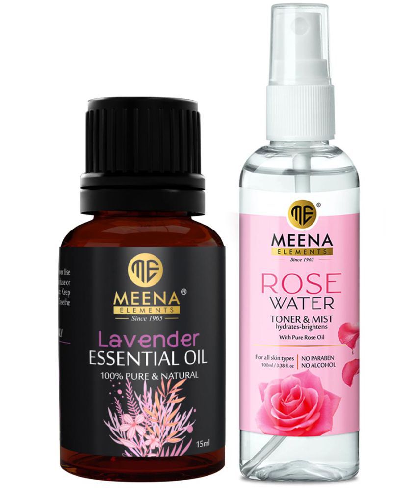     			MEENA ELEMENTS Lavender Essential Oil 15 Ml x 1 & Rose Mist 100 Ml x 1, 100% Pure, Natural for Hair, Skin, Face Body, Aromatherapy Massage & Sleep Well Combo for Men and Women (Pack of 2)
